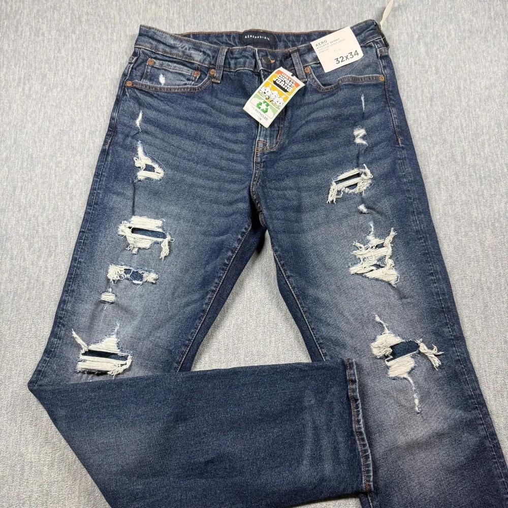 Aeropostale Jeans Mens 32x34 Blue Athletic Skinny Distressed Aero KND Impact NWT